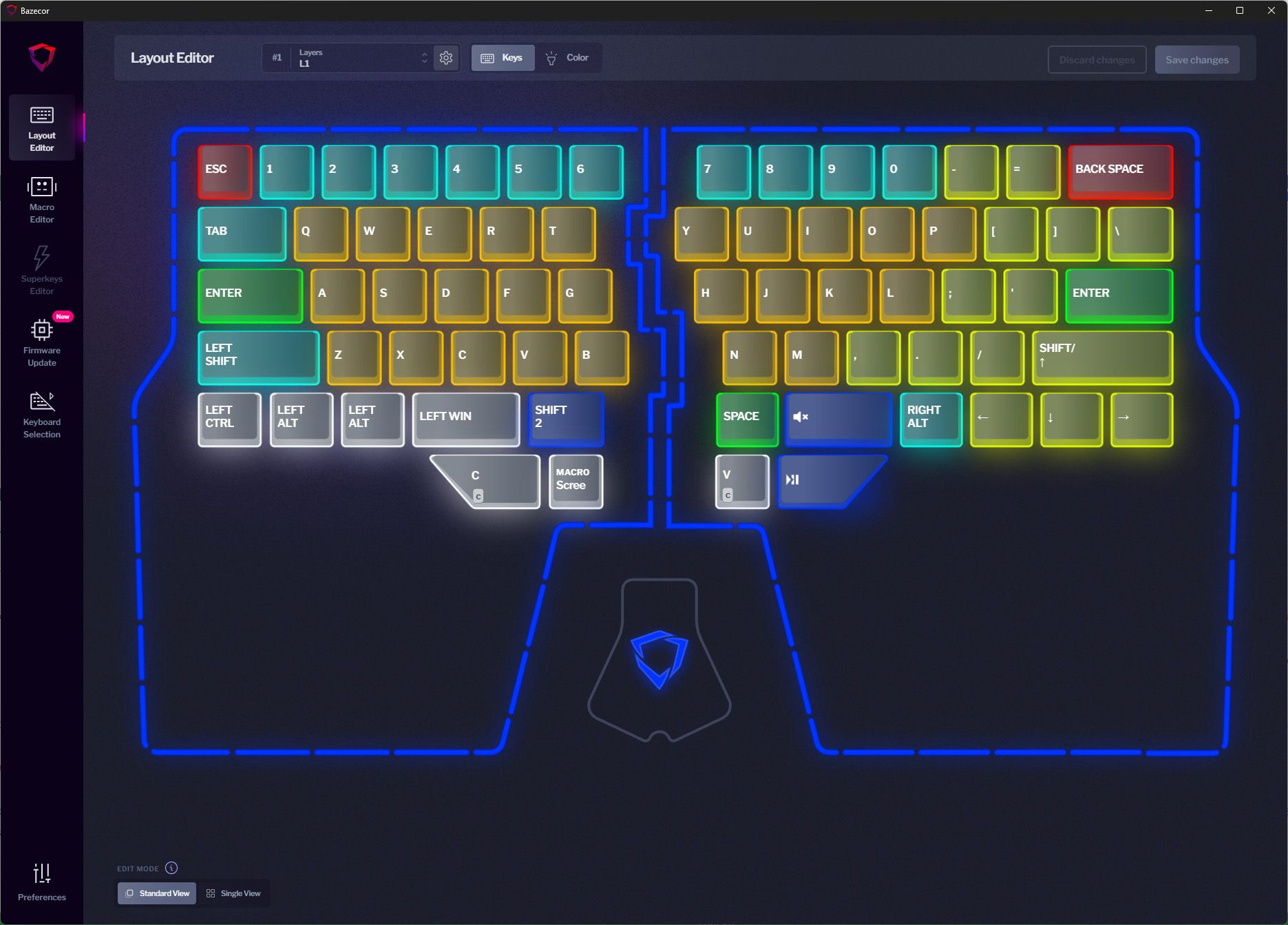 The main page of Bazecor showing the primary layout of my Dygma Raise keyboards programming