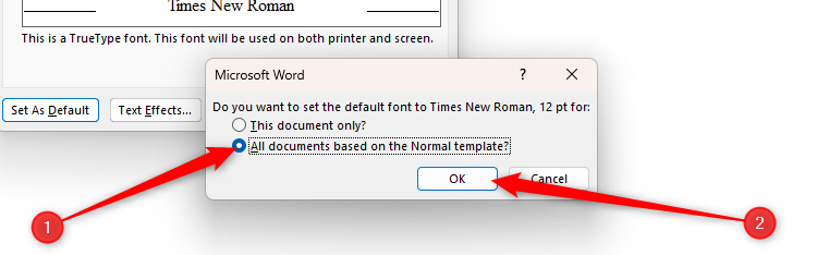 The radio button to apply all font changes in the Microsoft Word Font dialog box to all future documents is selected, as is the OK button.