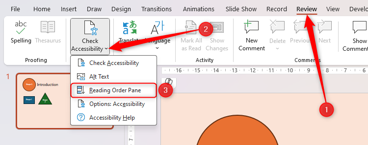 The Reading Order Pane button in PowerPoint's Check Accessibility drop-down menu is selected.