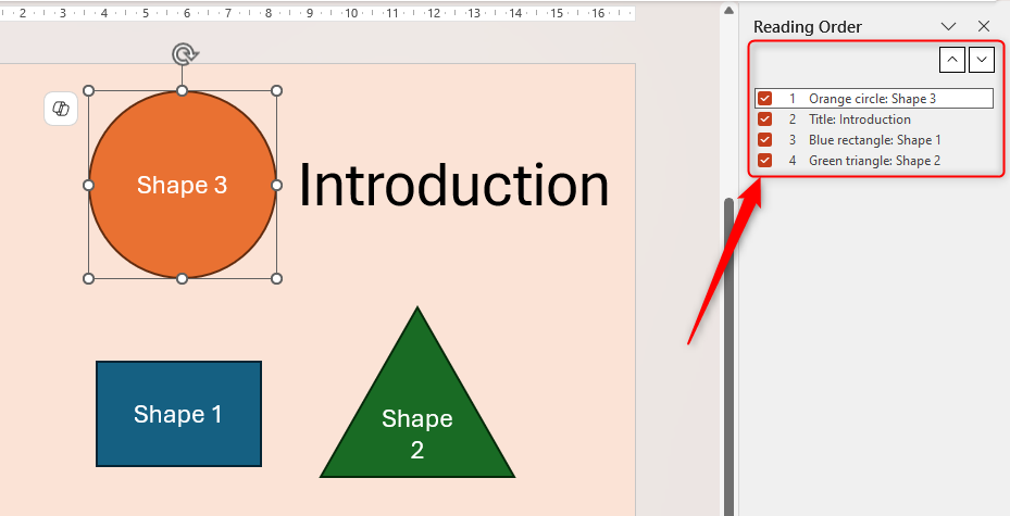 The Reading Order pane in Microsoft PowerPoint is opened, and the four items it contains are named and in order from top to bottom.