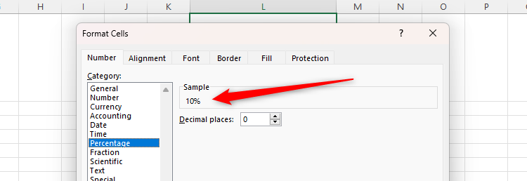 The Sample area of the Number tab in Excel's Format Cells dialog box. In this example, it shows how the percentage format will affect the data's appearance.