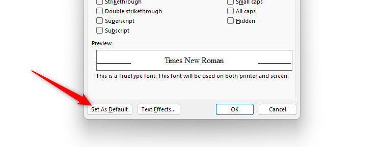 The Set As Default button in Word's Font dialog box is highlighted.