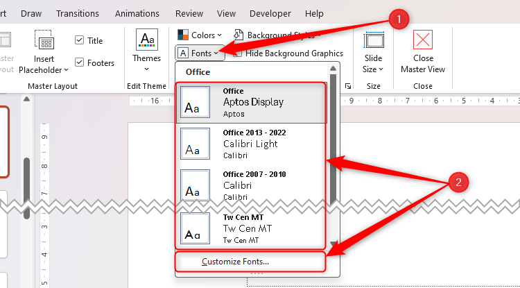 The Slide Master font selector in Microsoft PowerPoint, with the default styles and Customize Fonts indicated as the two options from which to select.