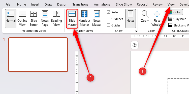 The Slide Master icon in the View tab on the ribbon in PowerPoint is selected.