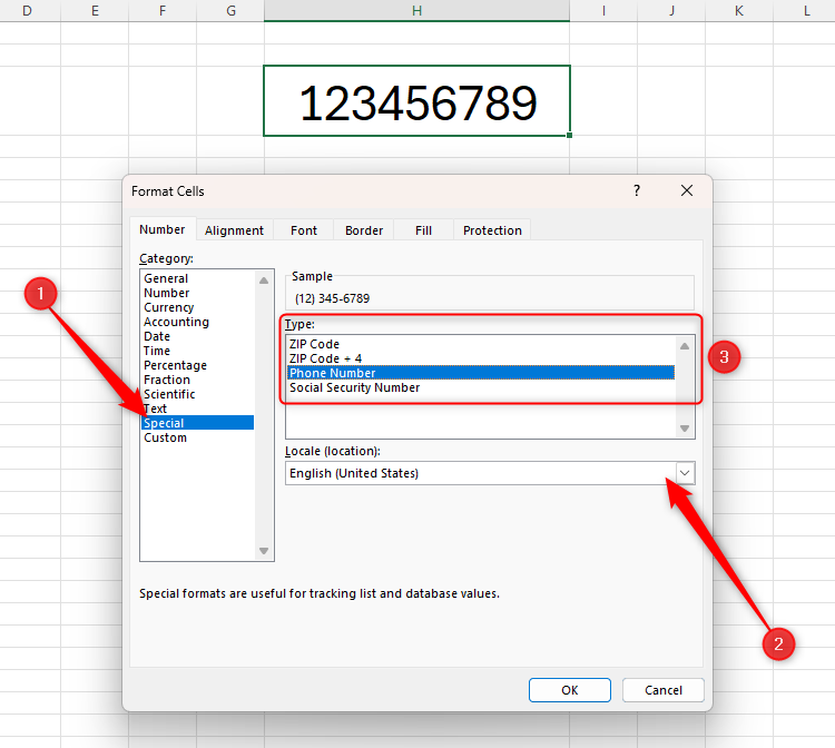 The Special number format in Excel, with US selected as the locale, and the Phone Number option selected as the type.