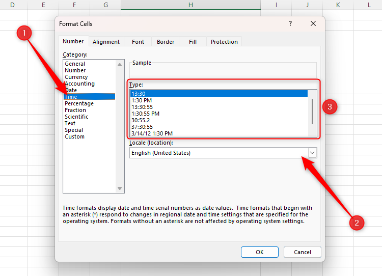 The Time number format in Excel's Format Cells dialog box, with the locale changed to United States, and the different types of formatting displayed.