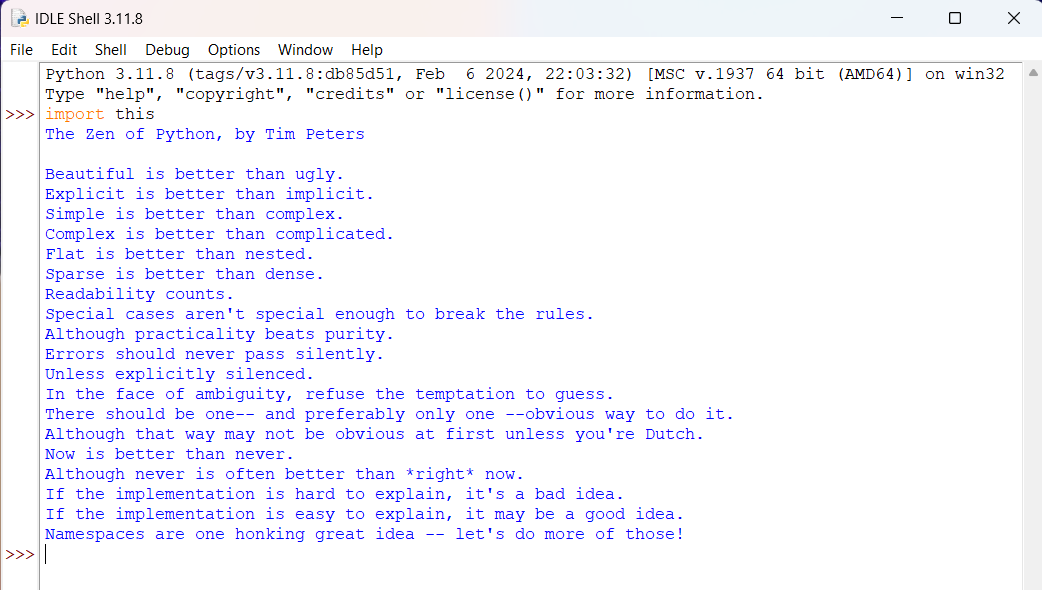 The Zen of Python displayed in a Python shell.