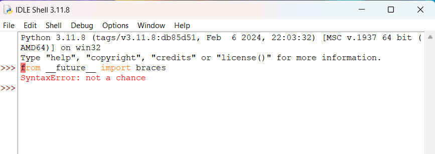 Trying to import braces from the __future__module giving a syntax error.