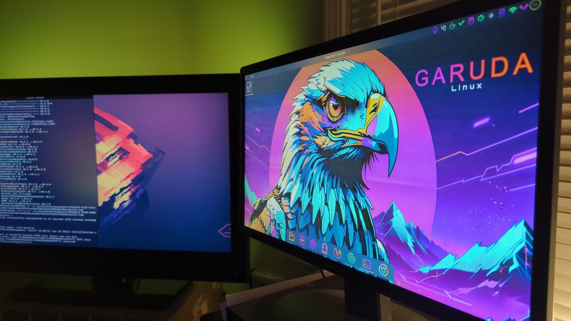 Two computer screens showing Garuda Linux desktops.