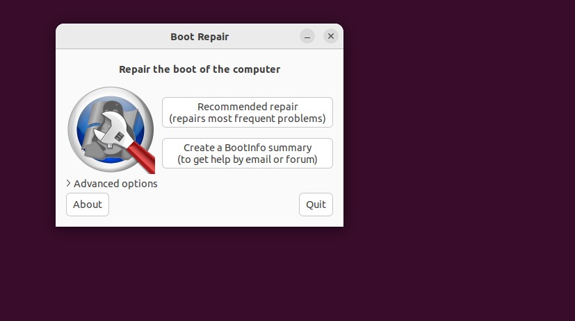 Ubuntu Boot Repair utility window with Recommended repair and BootInfo summary options.