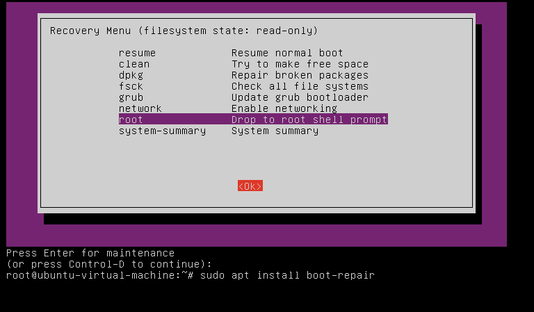 Ubuntu recovery menu with system repair options, followed by a root terminal.