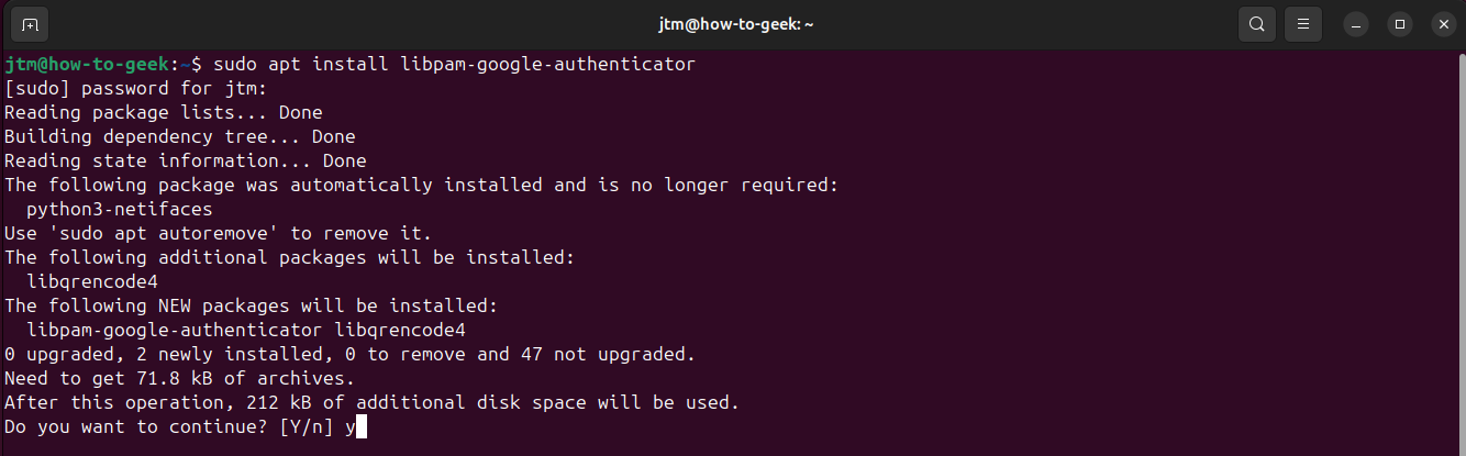 Ubuntu terminal showing the installation of Google Authenticator packages.