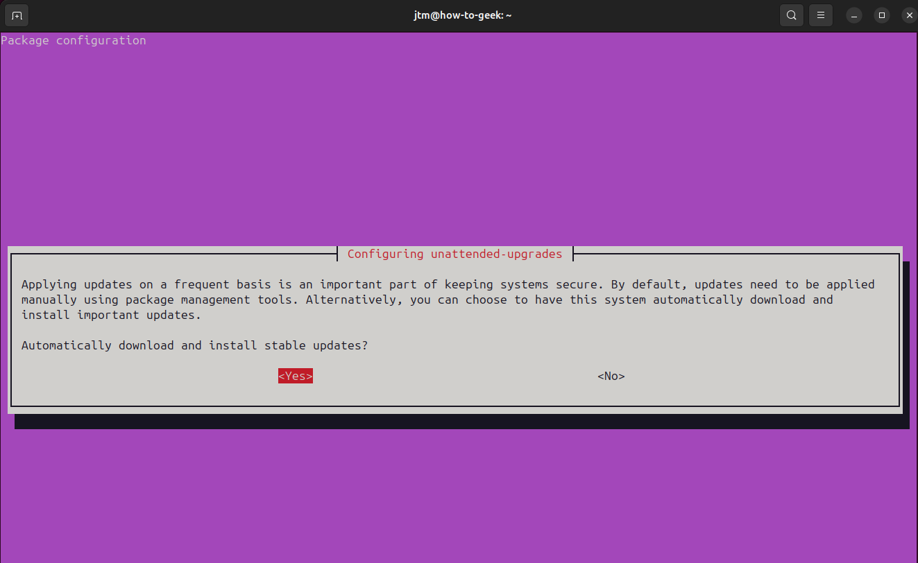 Ubuntu terminal showing configuration options for unattended upgrades.