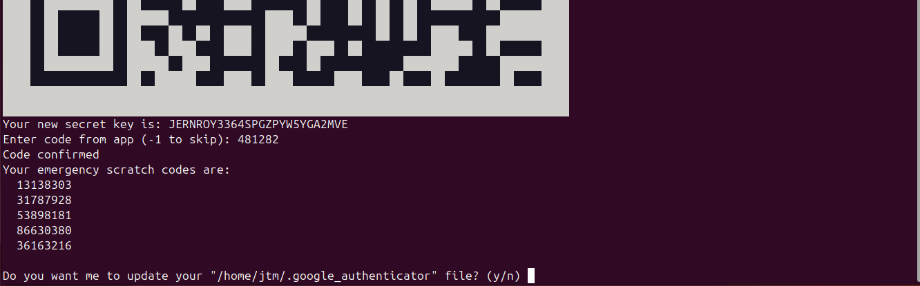 Ubuntu terminal showing backup scratch codes for Google Authenticator