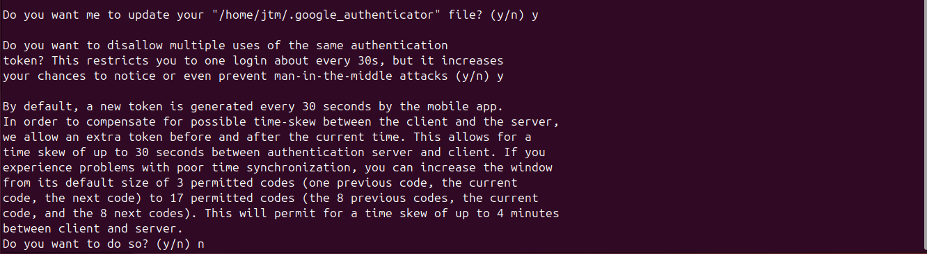 Ubuntu terminal showing Google Authenticator configuration questions during setup.