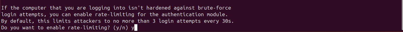 Ubuntu terminal showing rate limiting configuration option during Google Authenticator setup.