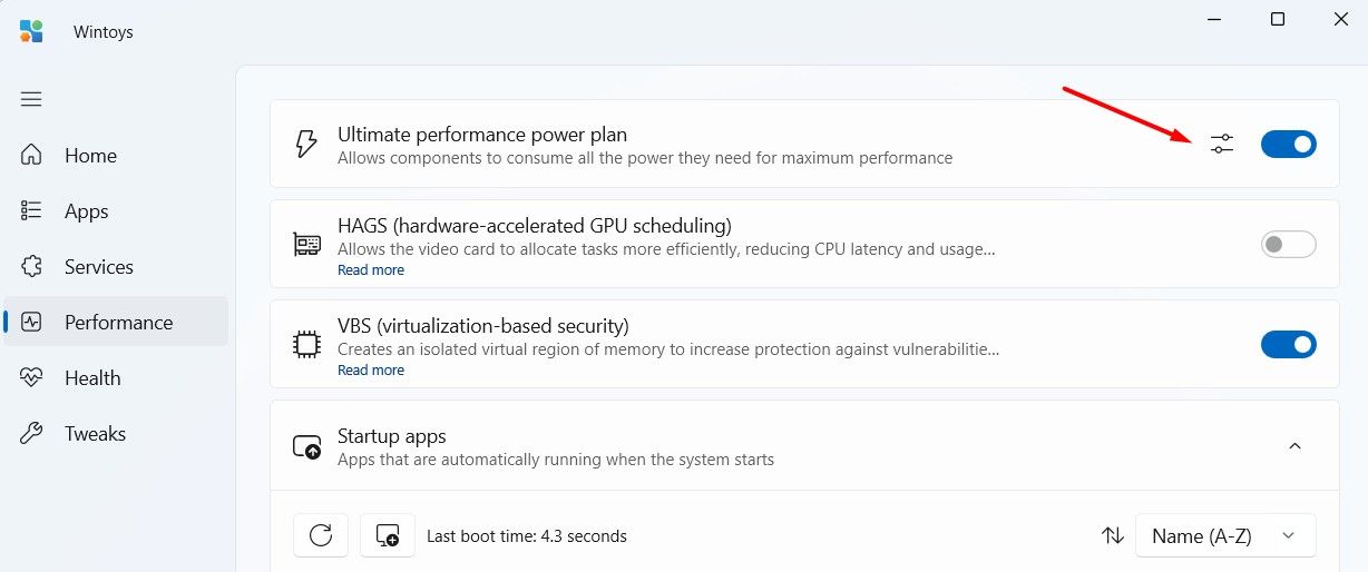 Ultimate performance power plan option  in the Wintoys app.