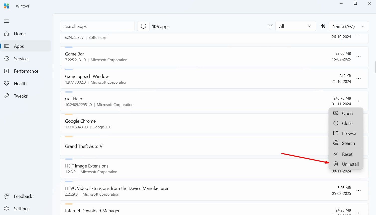 Uninstall option in the Wintoys app.
