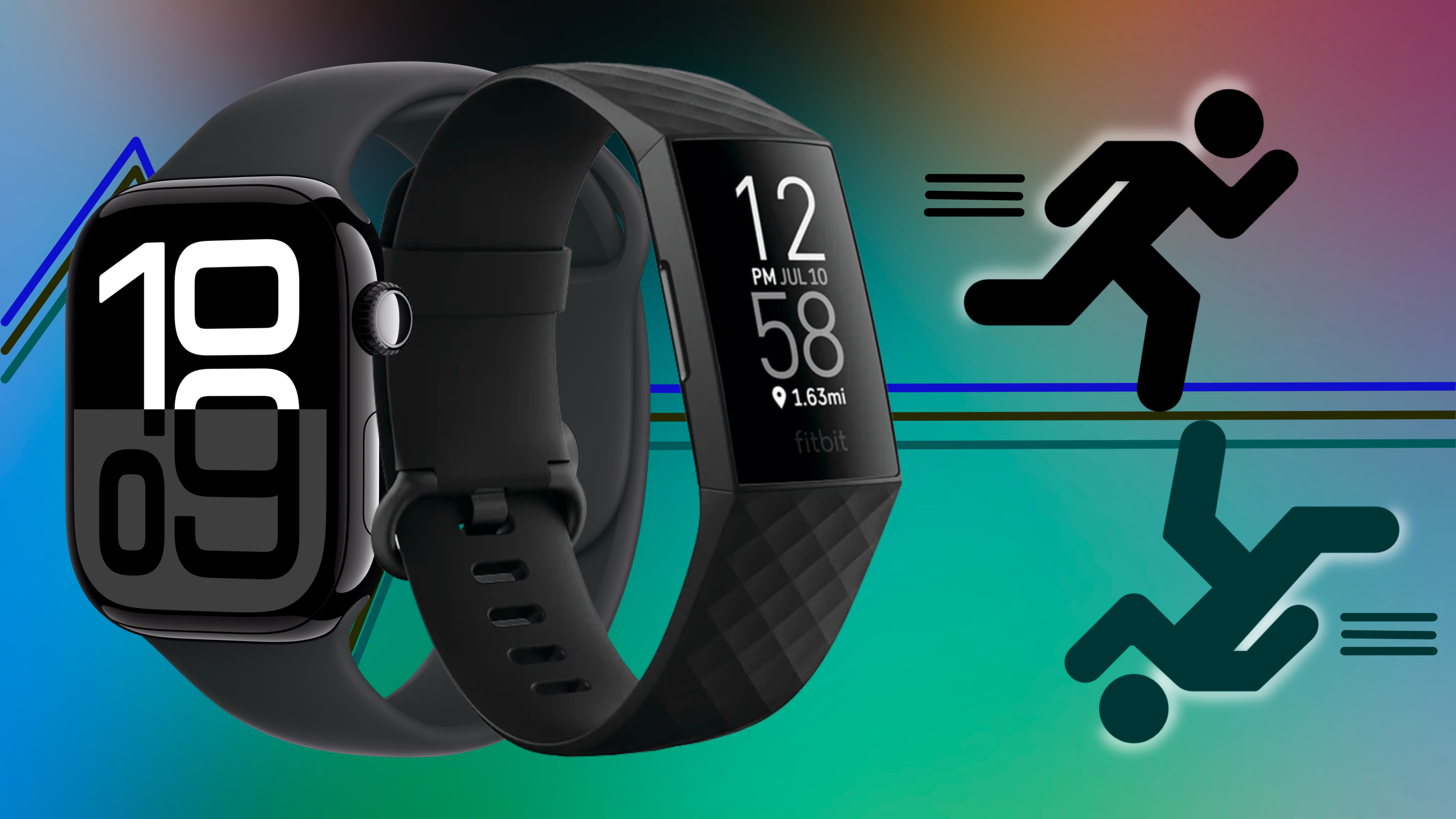 An Apple Watch intertwined with a Fitbit, vibrant lines emerging, two stick figures run opposite on a colorful backdrop.