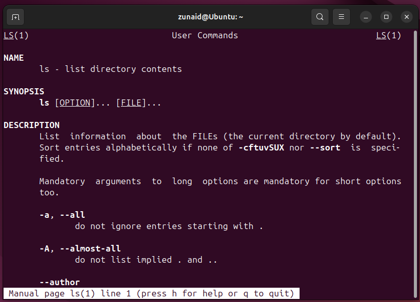 Using the man command to display the manual page of a Linux command.