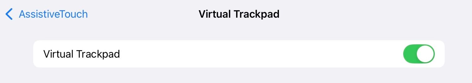 Virtual Trackpad feature toggled on in the iPad Settings app.