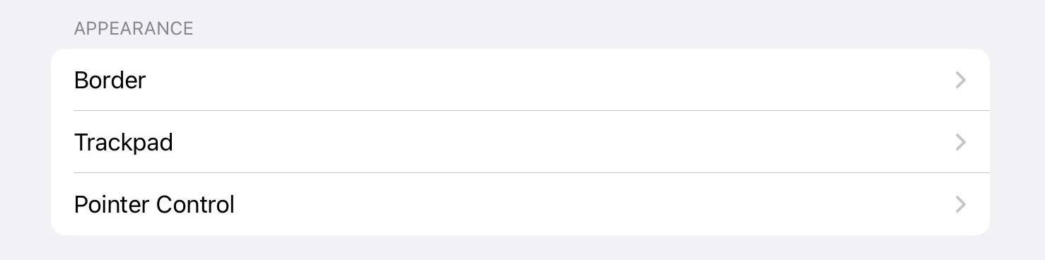 Virtual Trackpad's Appearance options in the iPadOS Settings app.