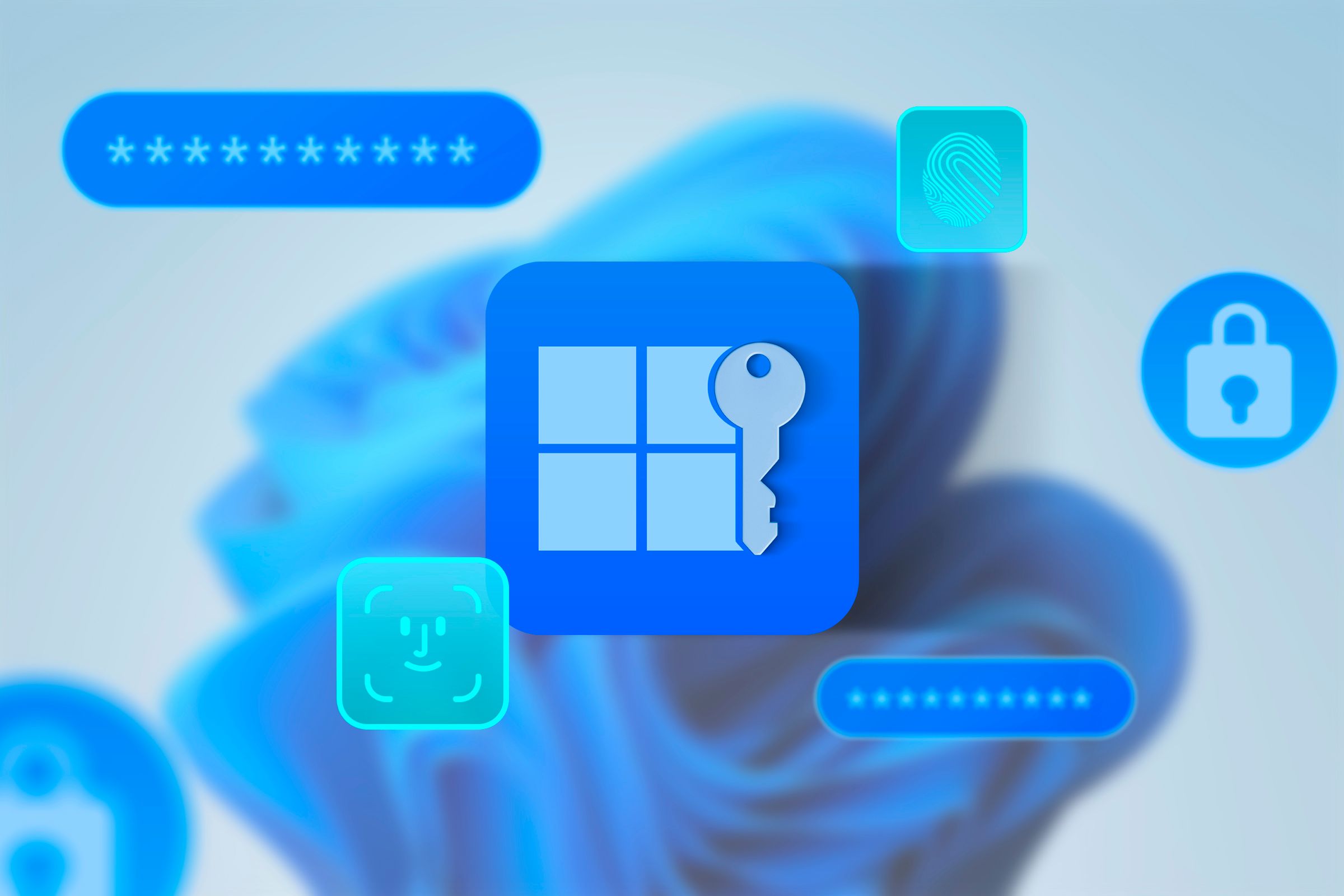 Windows 11 logo with a key next to it and icons of password, security, and facial recognition around it.