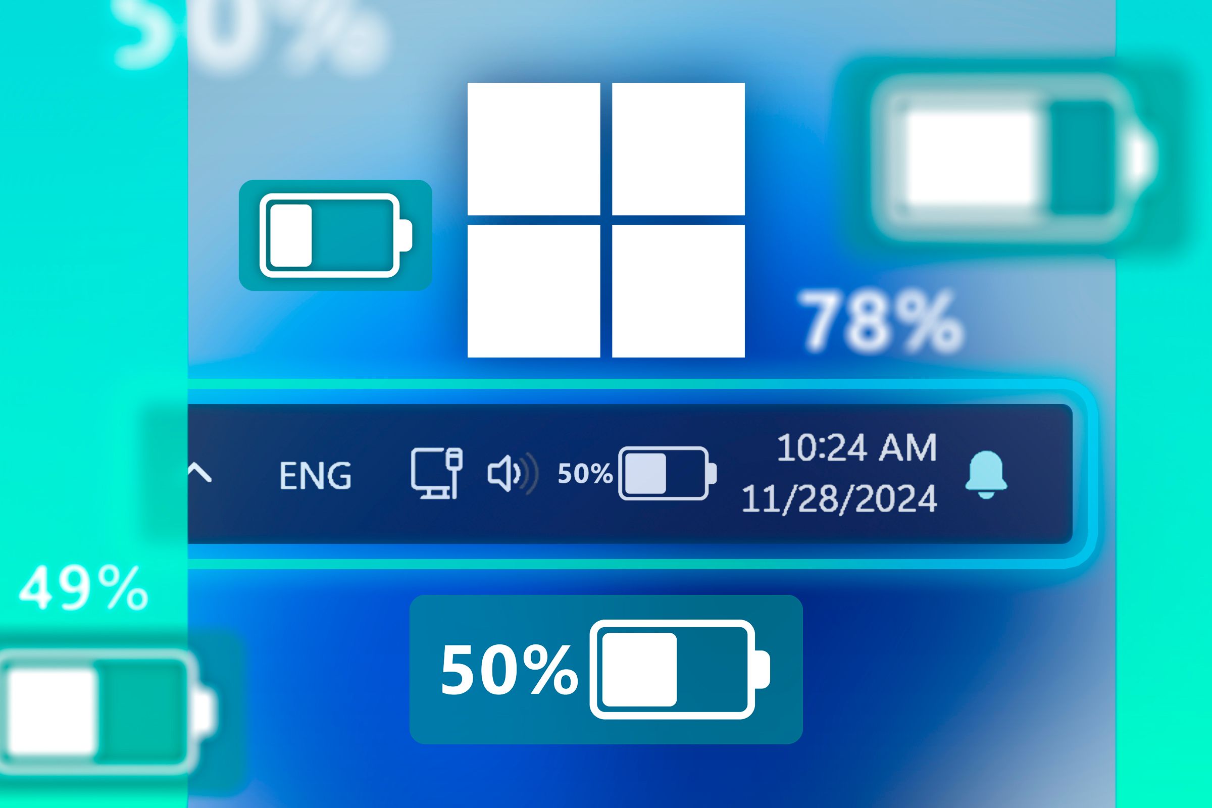 Windows taskbar with the battery icon and percentage next to it, the Windows logo, and several battery icons around.