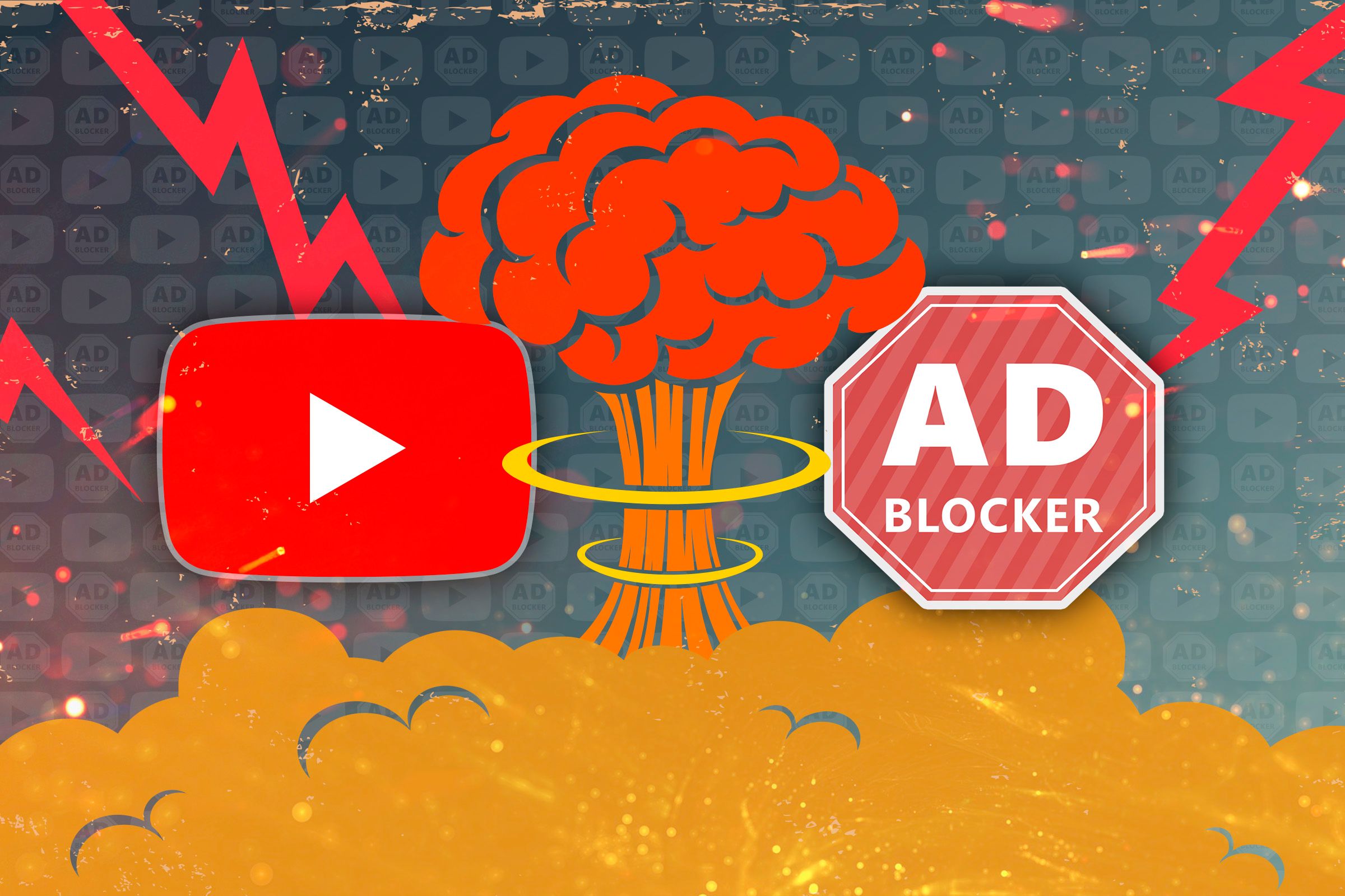 YouTube logo and an ad block, with a nuclear bomb explosion between them.