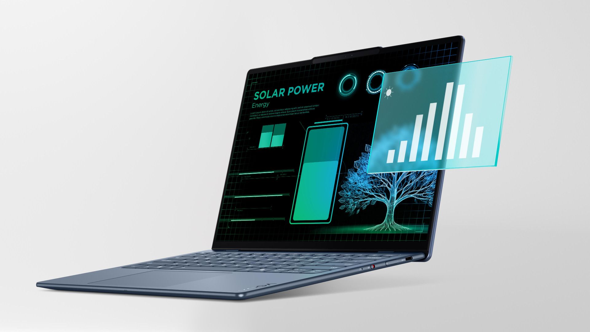 Lenovo Yoga solar concept showing power usage on the screen.