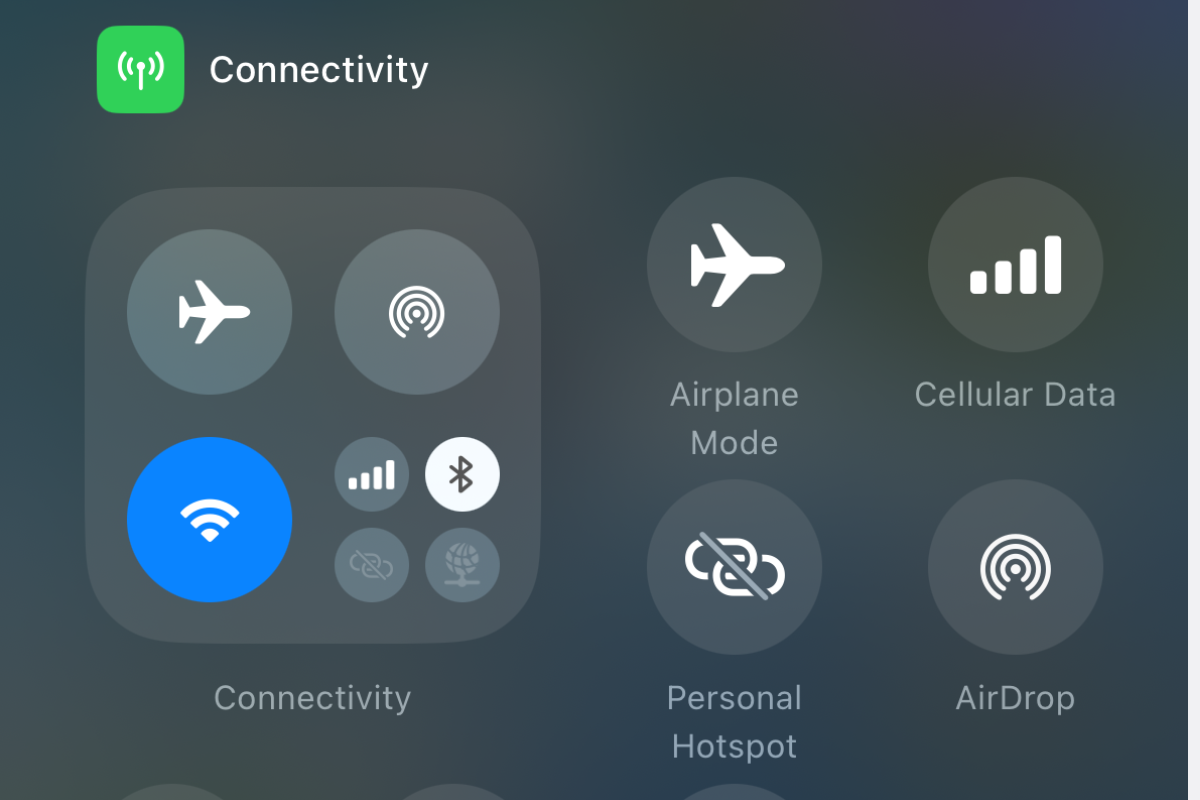 Screenshot of the connectivity controls in the edit mode of the Control Center on an iPhone.