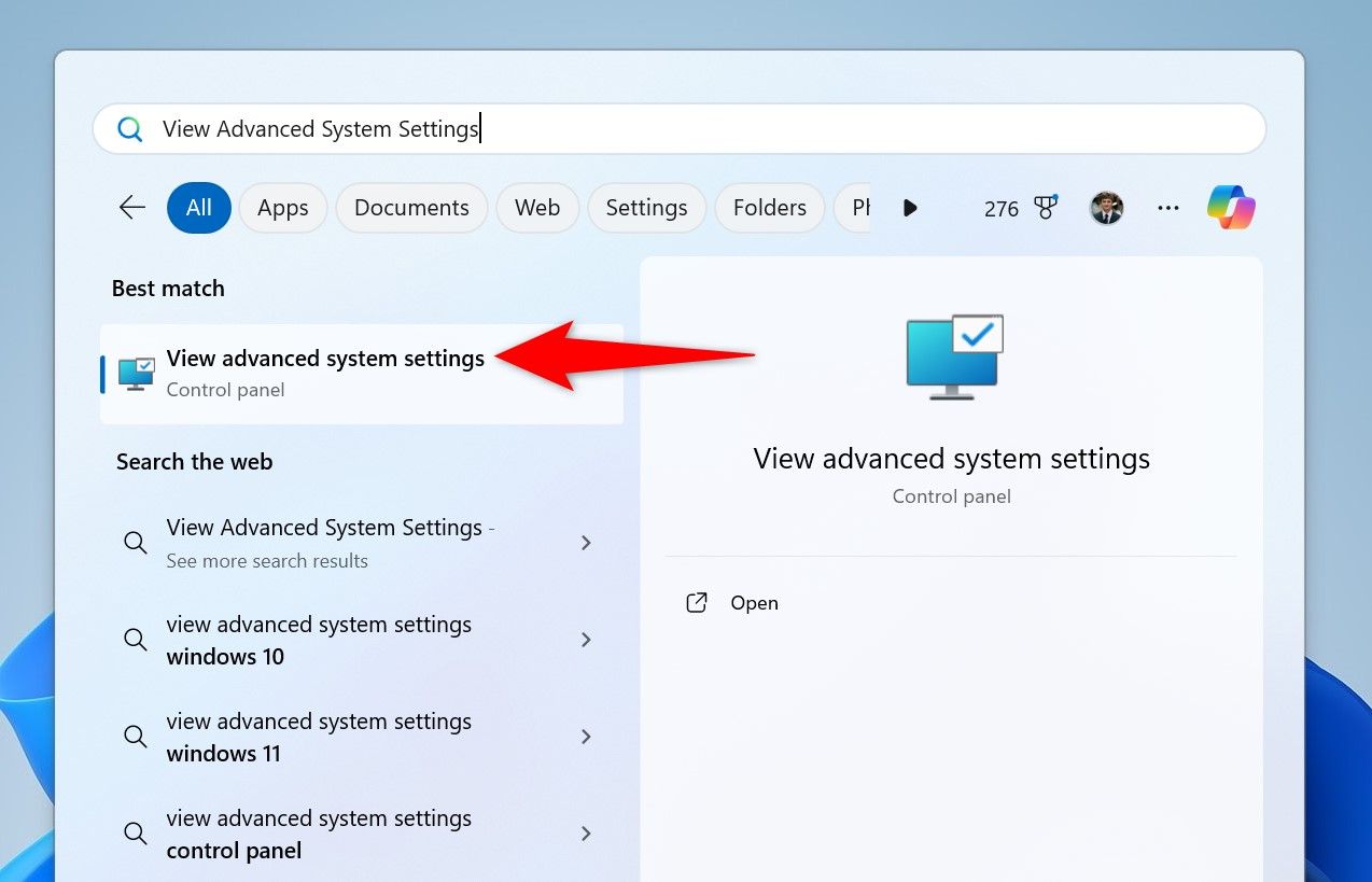 "View Advanced System Settings" highlighted in Windows Search.