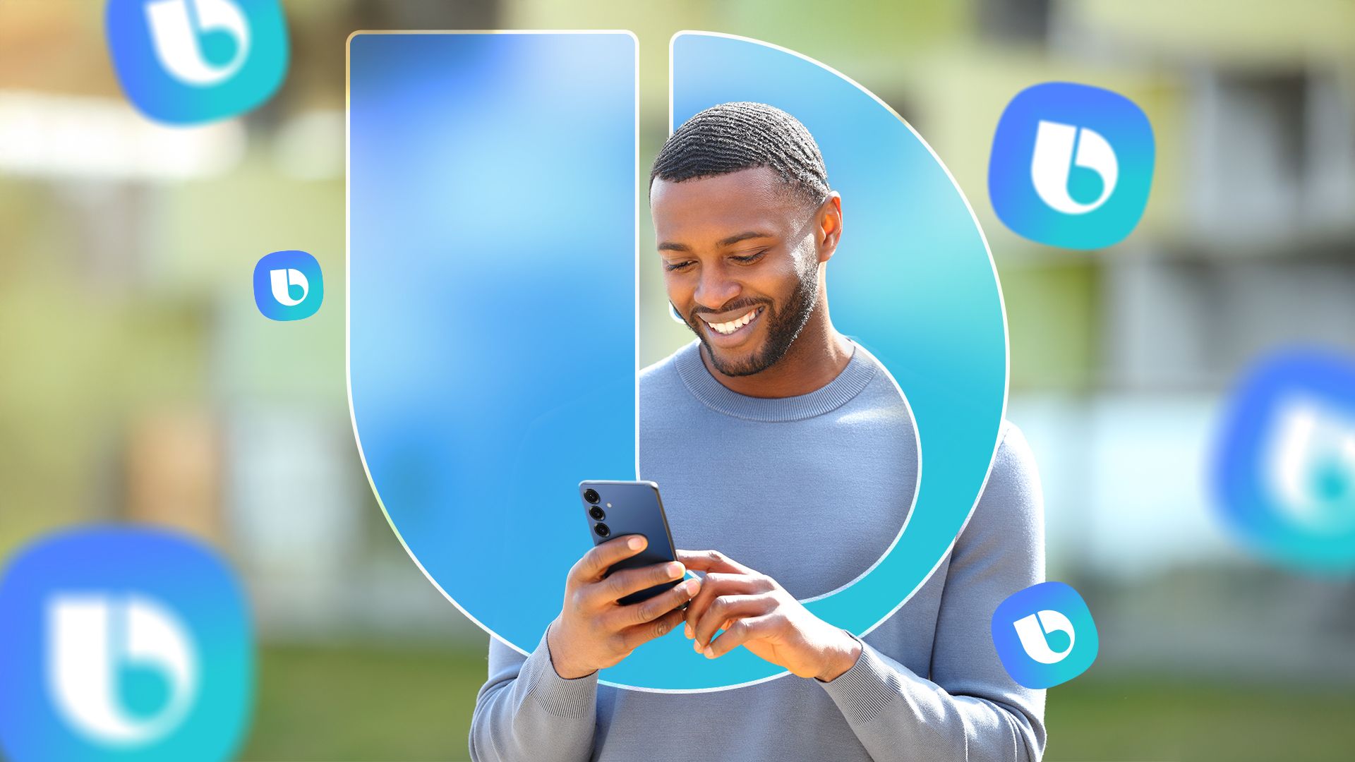 A man using his phone with the Bixby logo surrounding him and several Bixby logos around.