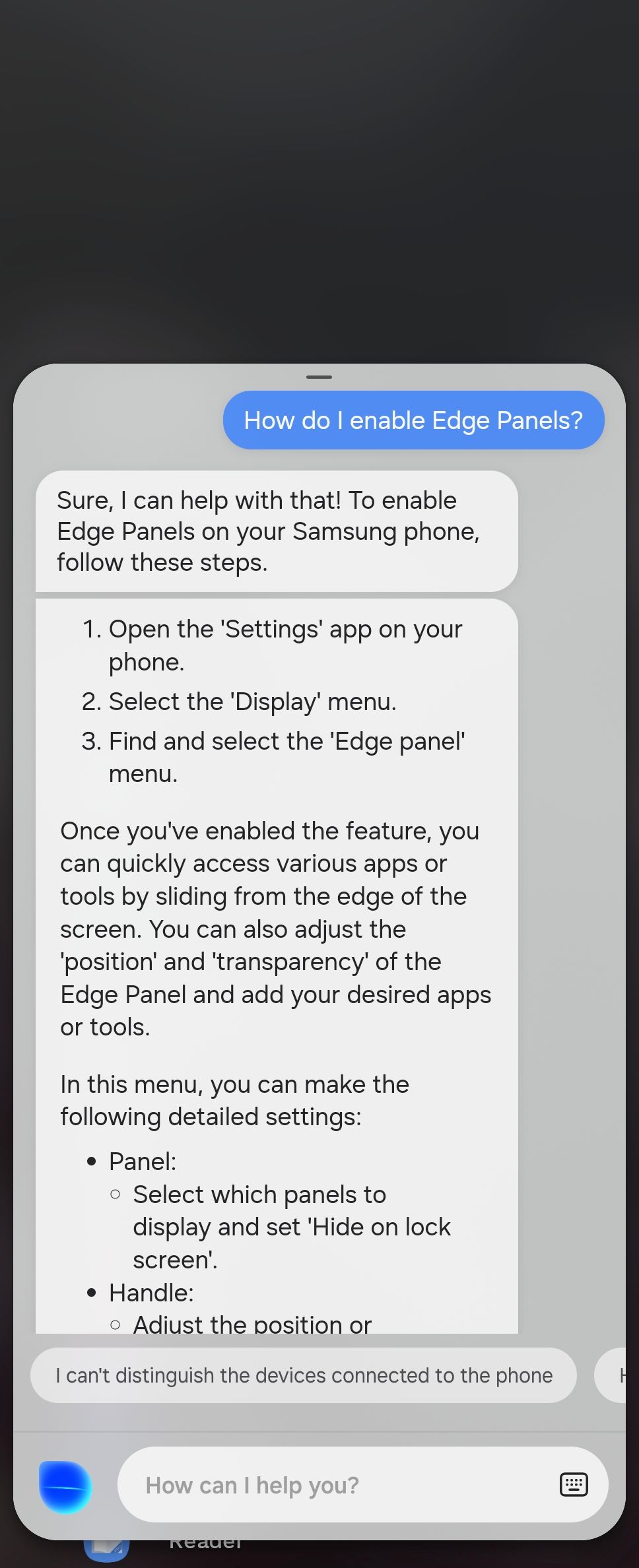 Bixby providing instructions for enabling Edge Panels.