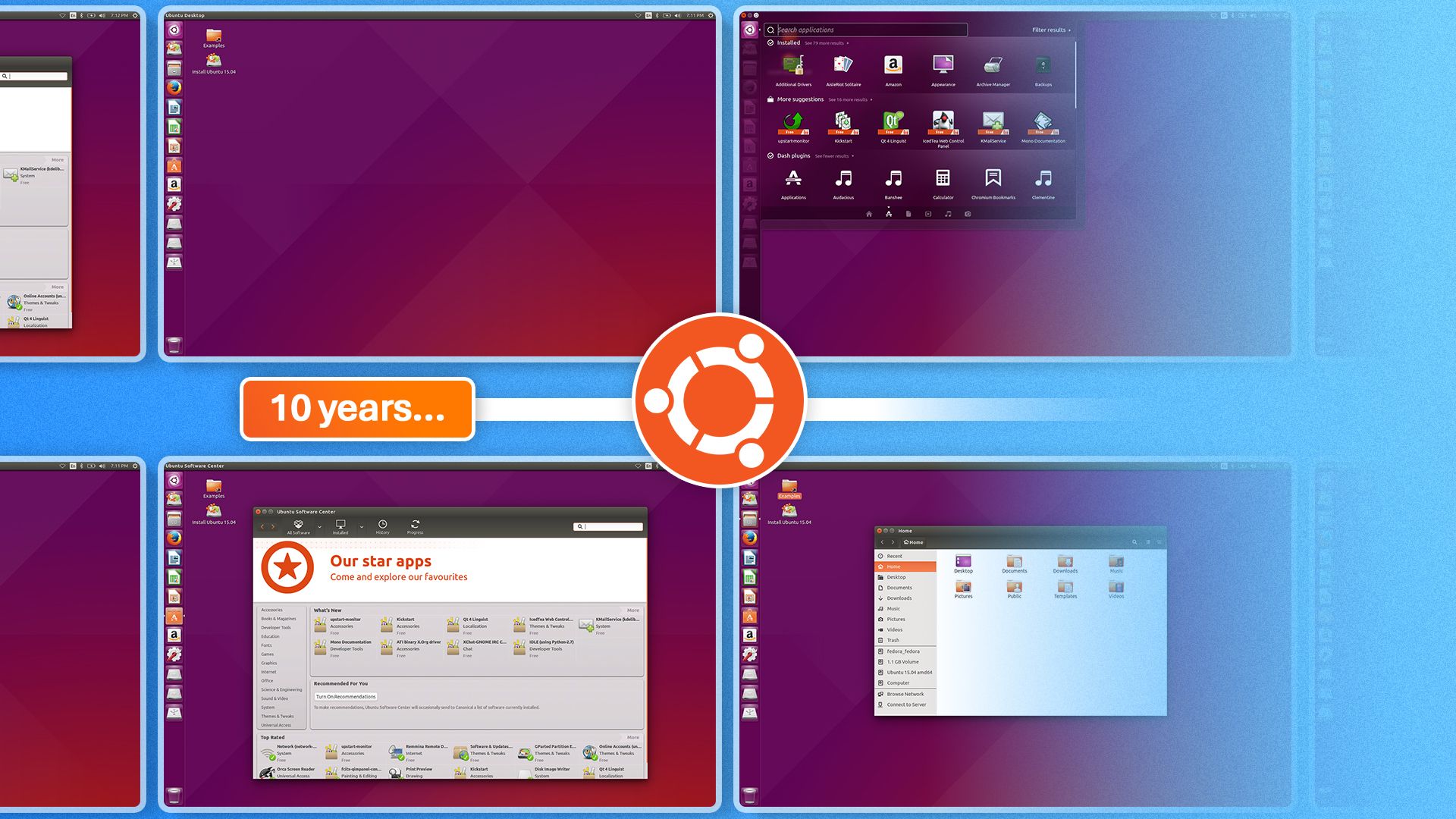 Screenshots of an old version of Ubuntu, the logo in the center and '10 years' written.