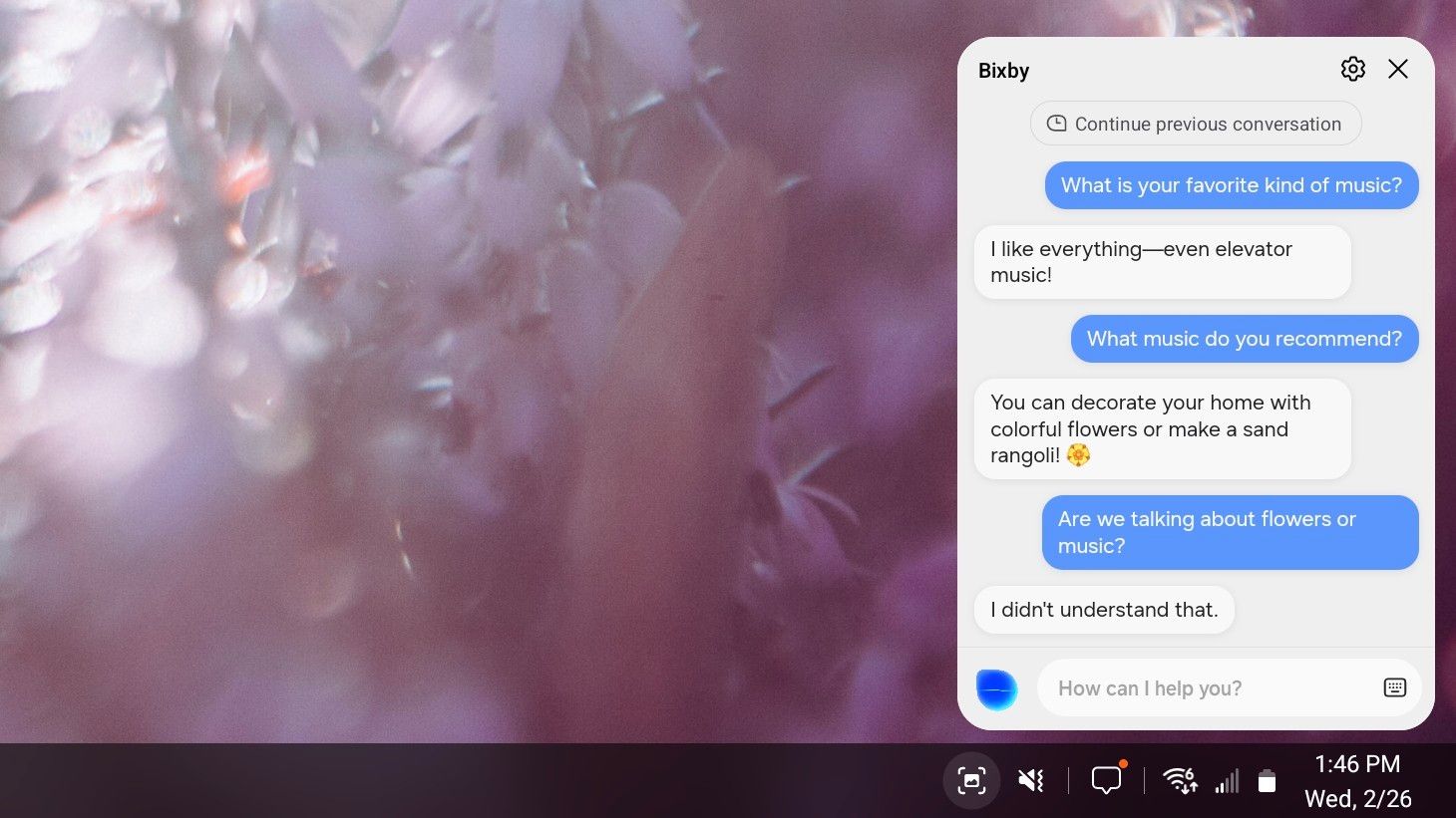 A conversation with Bixby on Samsung DeX.