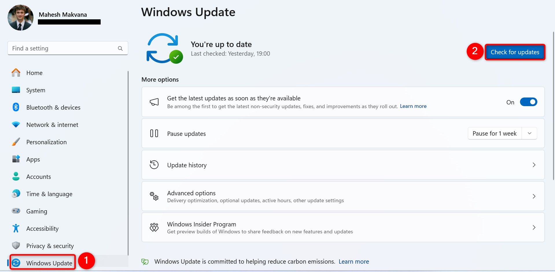 "Windows Update" and "Check for Updates" highlighted in Settings.