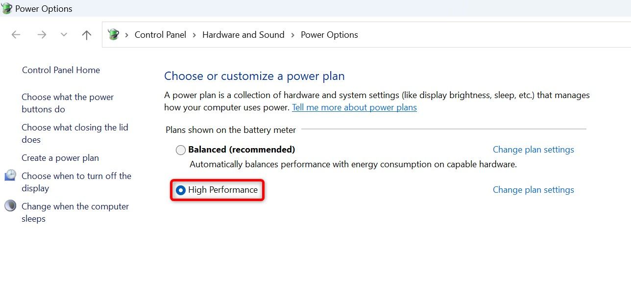 "High Performance" highlighted on the "Power Options" window.