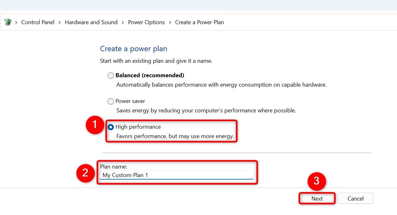 "High Performance," "Plan Name," and "Next" highlighted on the "Create a Power Plan" screen.