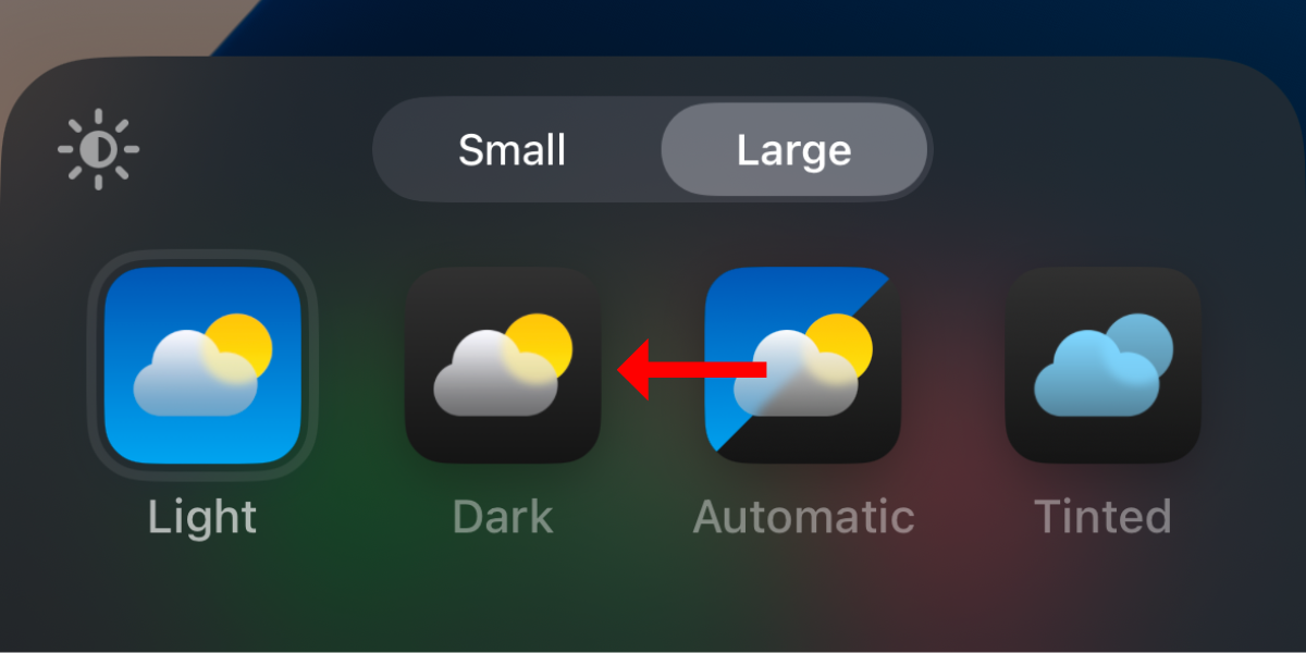 Screenshot of the Dark app icon button in the Customize menu on iOS 18.