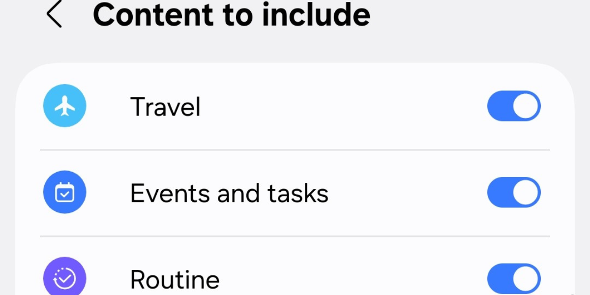 Screenshot of the Content to include option in the Now Brief settings menu on the Galaxy S25.