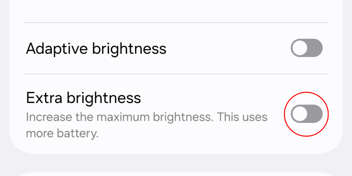 Screenshot of the Extra Brightness toggle in the Display settings menu on the Galaxy S25.