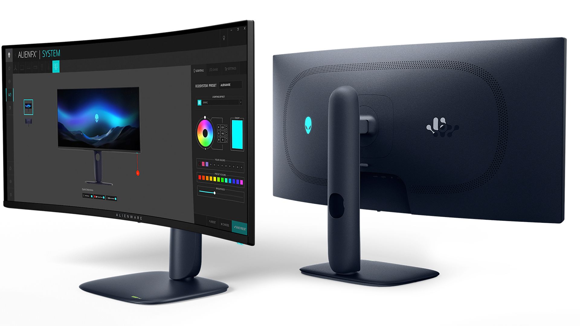 Front and rear views of the Alienware 34 Ultra-Wide QD-OLED Monitor AW3425DW.