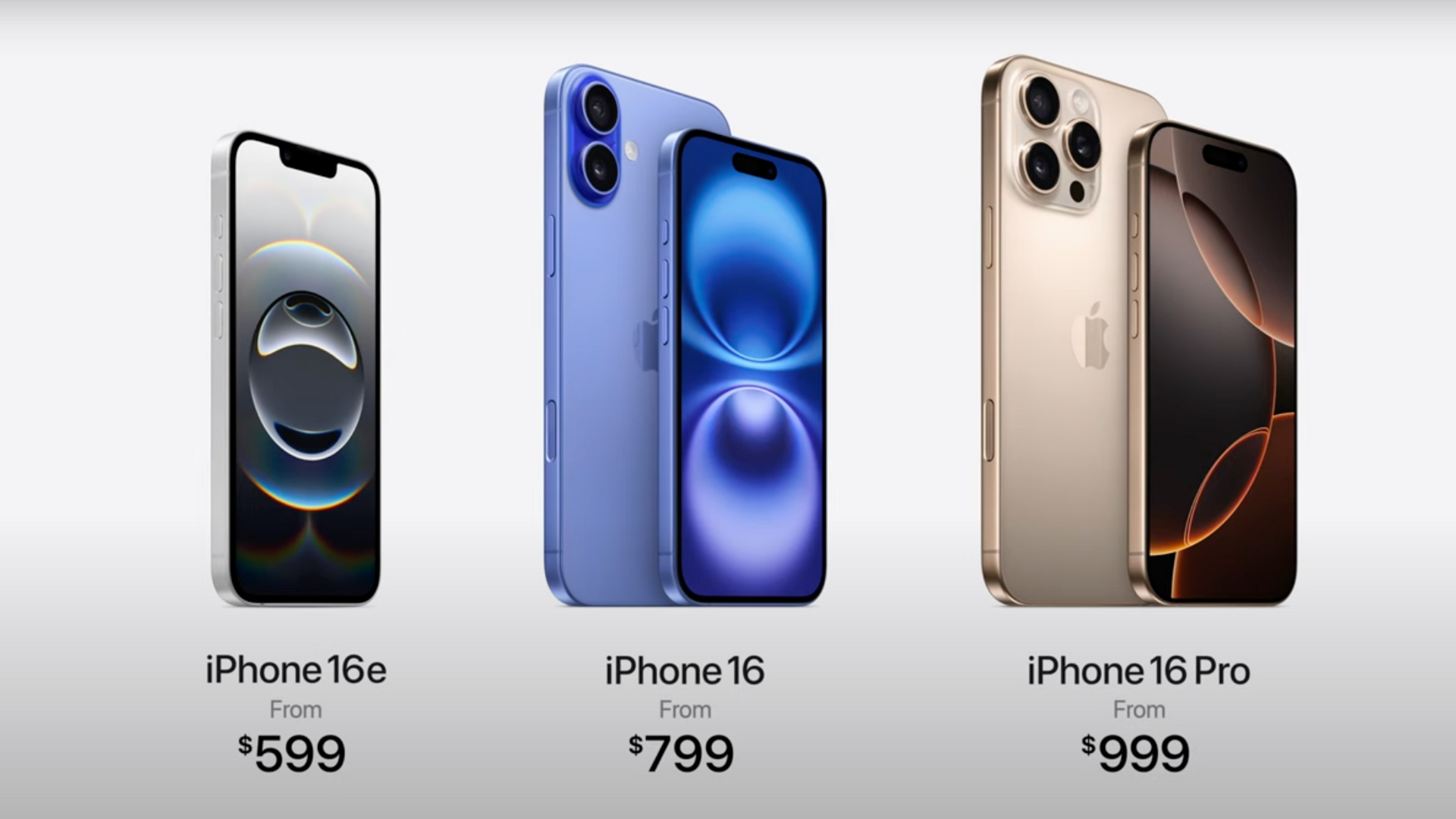 iPhone 16e's price next to the iPhone 16 and iPhone 16 Pro.