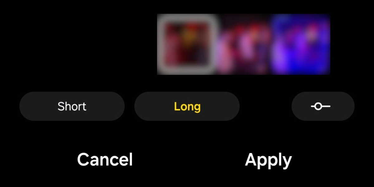 Screenshot of the Short, Long, and custom duration options in the photo studio of Galaxy S25.