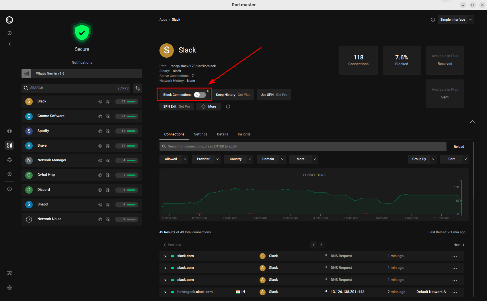 Portmaster showing how to block internet connections of apps.