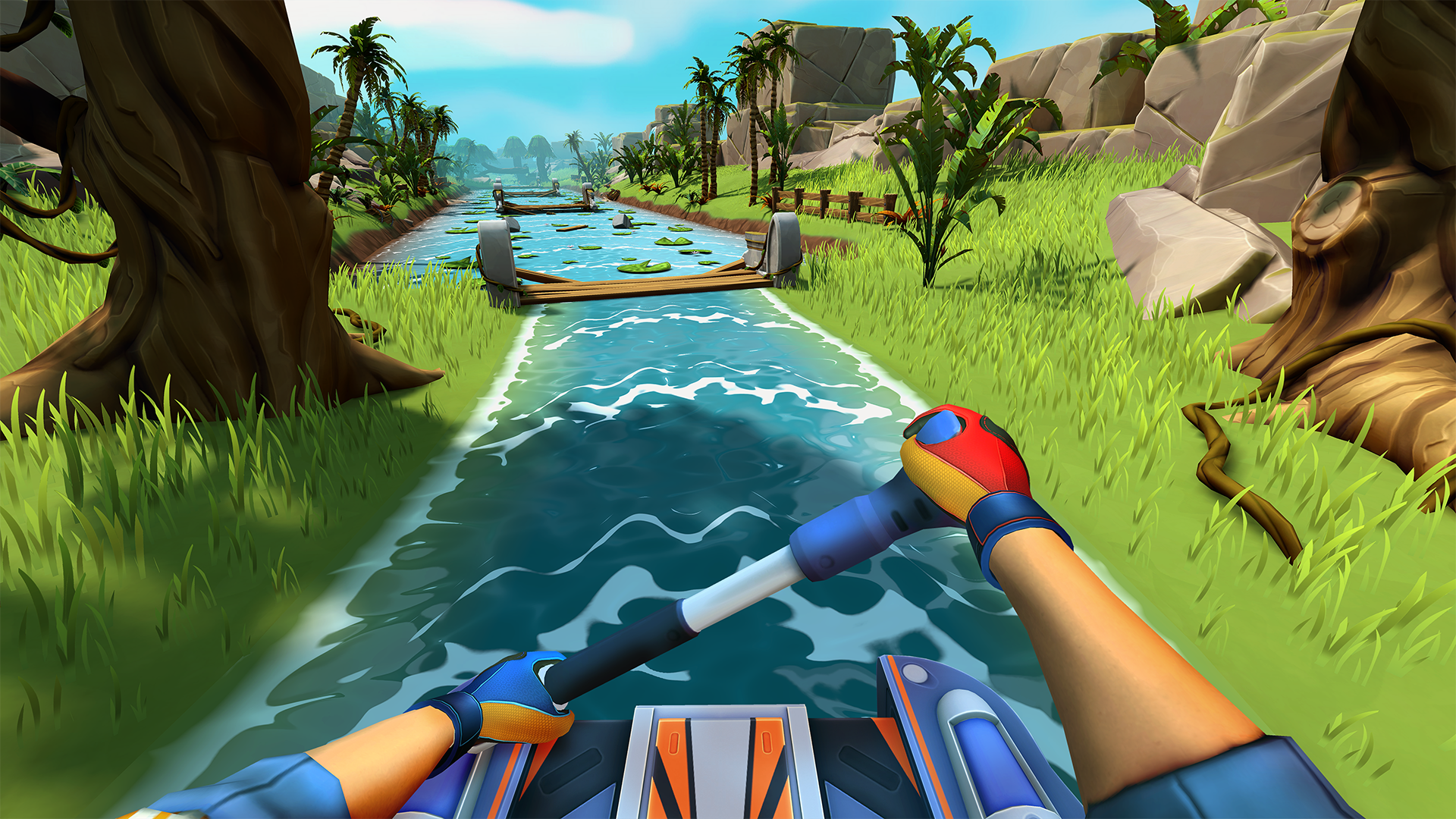 Paddling down a river in Fitness Fables.