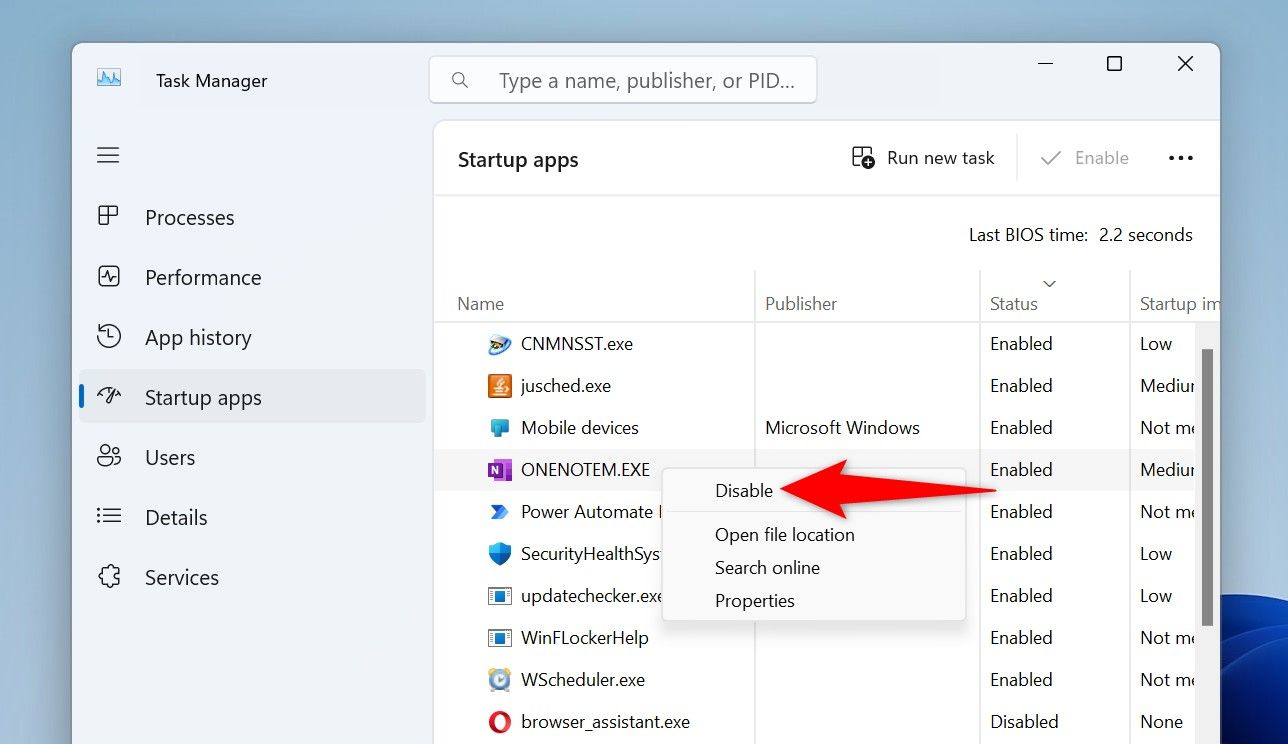 "Disable" highlighted for a startup app in Task Manager.