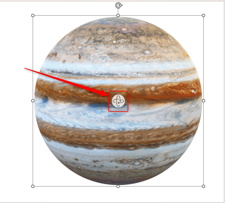 A 3D model of Jupiter in PowerPoint, with the rotator icon in the center highlighted.