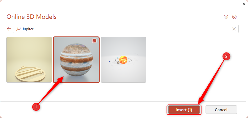 A 3D model of Jupiter is selected in Microsoft's 3D Models gallery in PowerPoint, and the Insert button is highlighted.